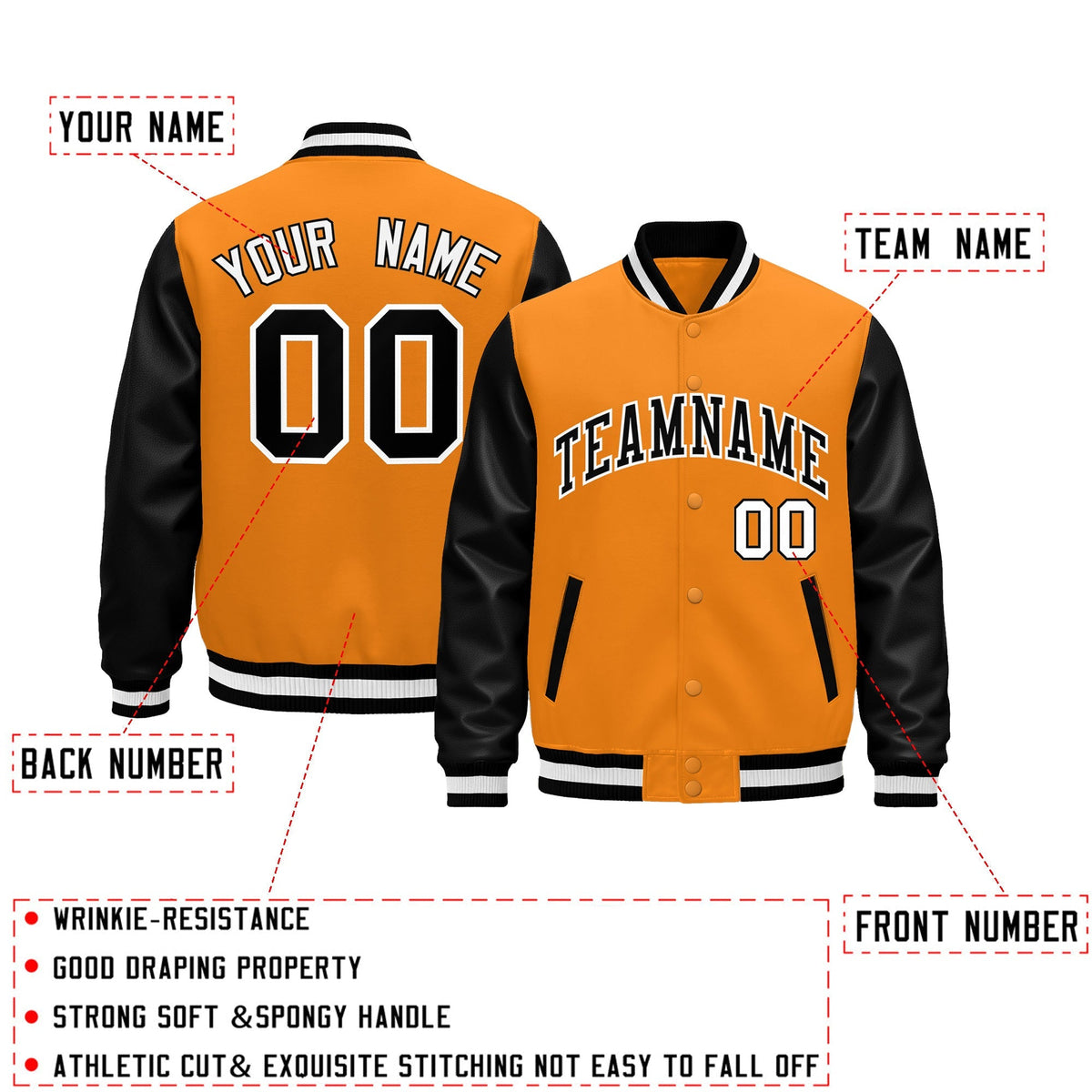 Custom Black Orange White Raglan Sleeves Varsity Full-Snap Leather Sleeves Letterman Jacket| KXKSHOP