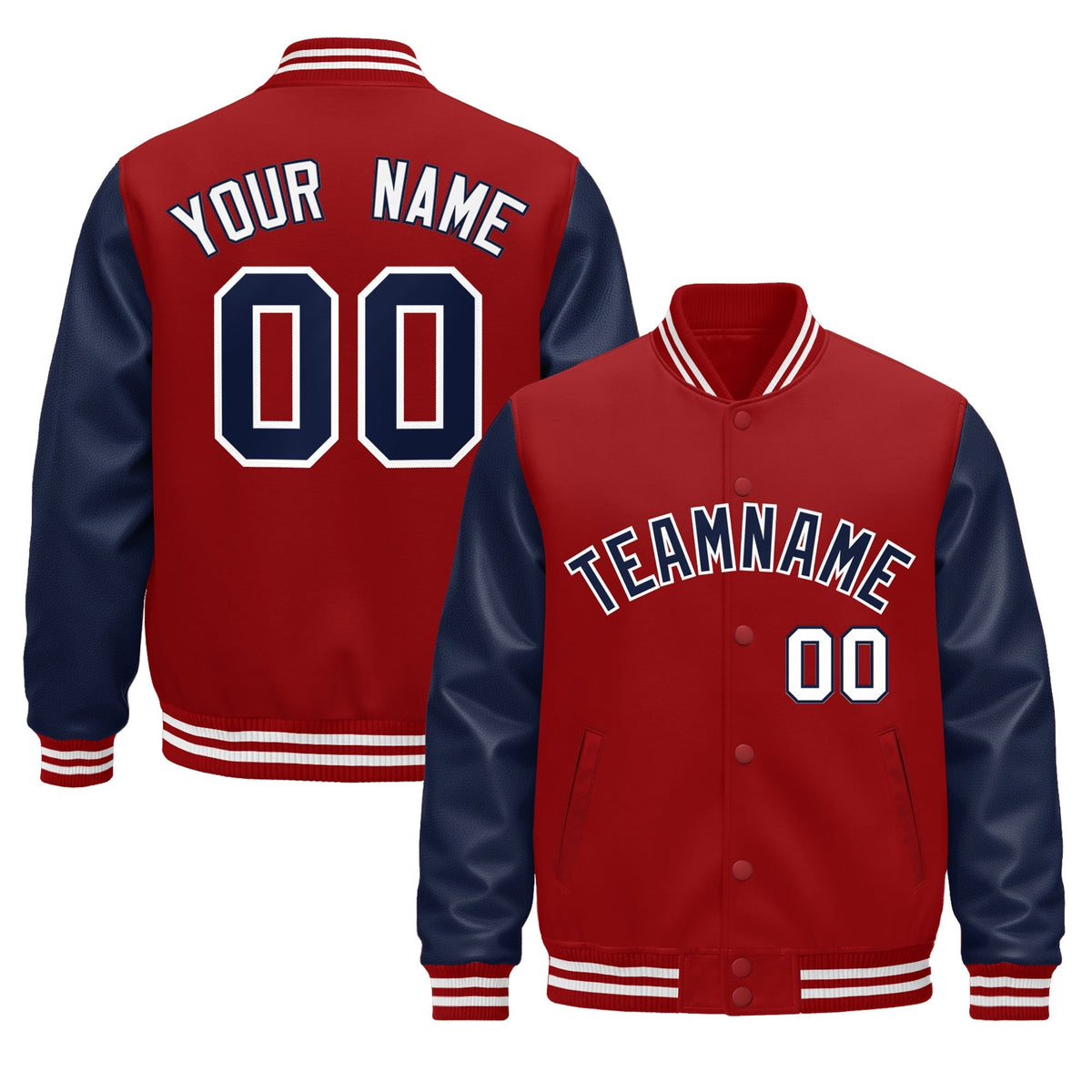 Custom Navy Red White Raglan Sleeves Varsity Full-Snap Leather Sleeves Letterman Jacket| KXKSHOP