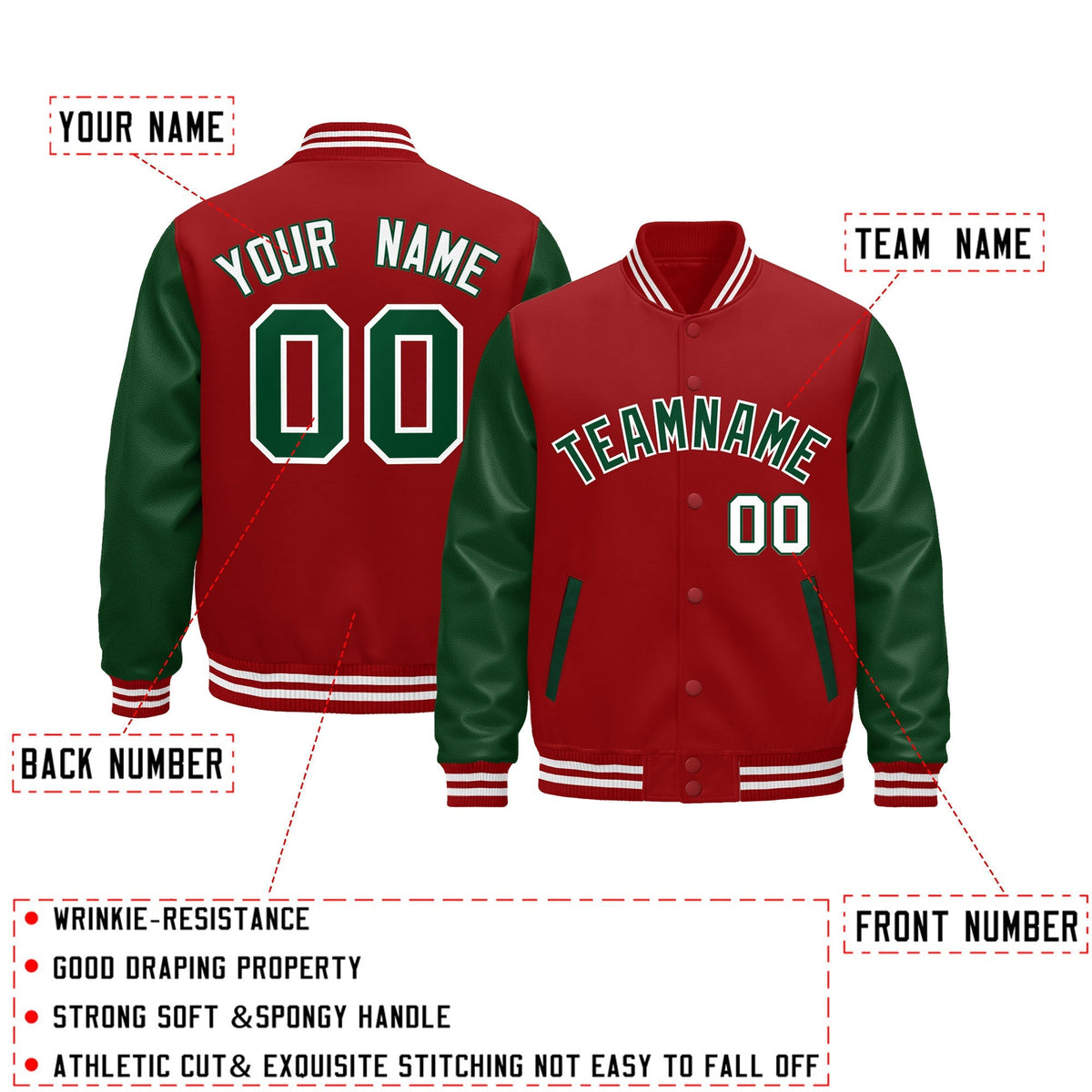 Custom Cream Dark Green Red Raglan Sleeves Varsity Full-Snap Leather Sleeves Letterman Jacket| KXKSHOP