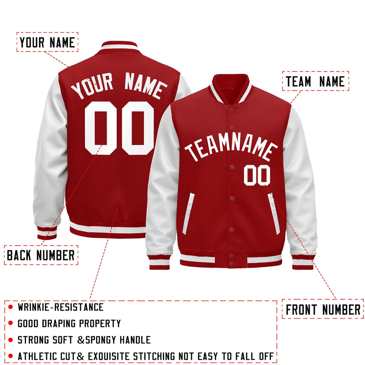 Custom Red White Raglan Sleeves Varsity Full-Snap Leather Sleeves Letterman Jacket| KXKSHOP
