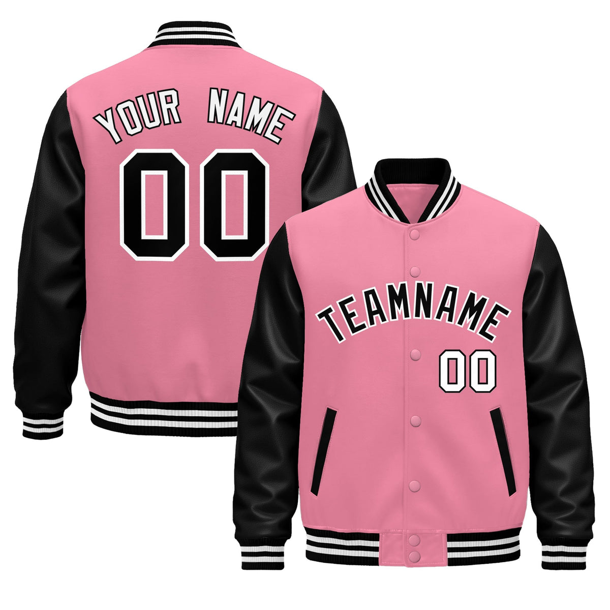 Custom Light Pink Black White Raglan Sleeves Varsity Full-Snap Leather Sleeves Letterman Jacket| KXKSHOP