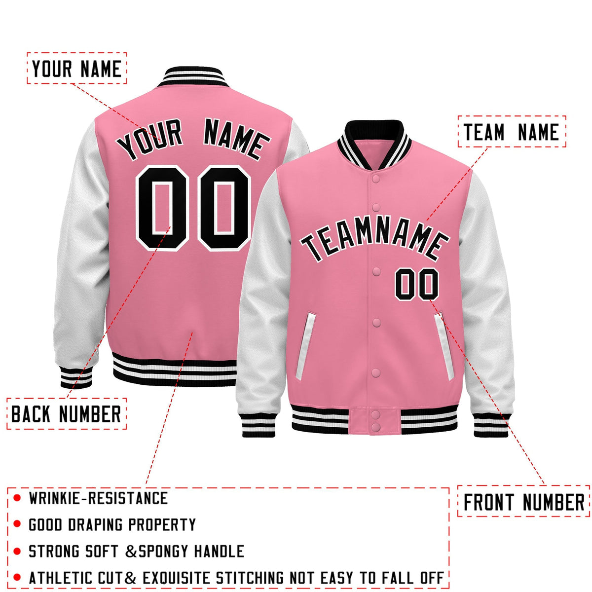 Custom Light Pink White Black Raglan Sleeves Varsity Full-Snap Leather Sleeves Letterman Jacket| KXKSHOP
