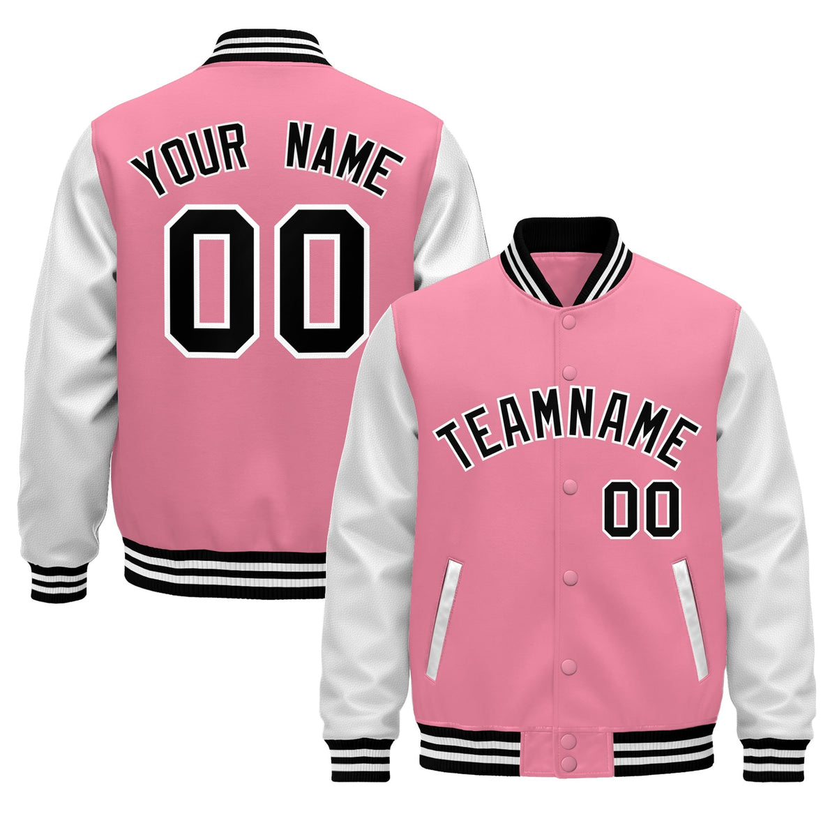 Custom Light Pink White Black Raglan Sleeves Varsity Full-Snap Leather Sleeves Letterman Jacket| KXKSHOP