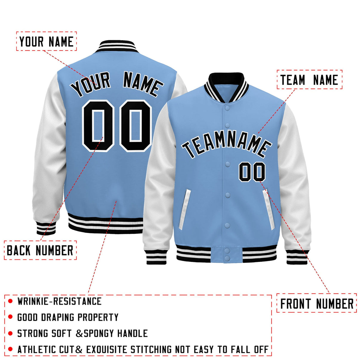 Custom Light Blue Black White Raglan Sleeves Varsity Full-Snap Leather Sleeves Letterman Jacket| KXKSHOP