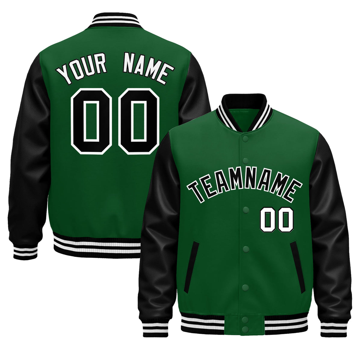 Custom Kelly Green Black White Raglan Sleeves Varsity Full-Snap Leather Sleeves Letterman Jacket| KXKSHOP