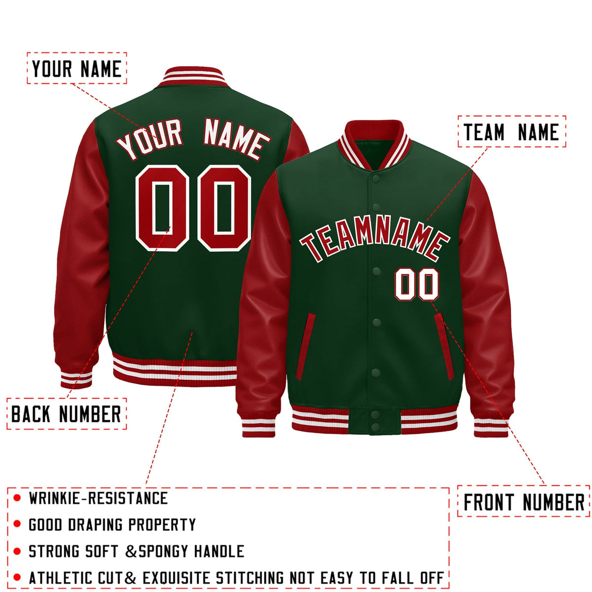 Custom Dark Green Red White Raglan Sleeves Varsity Full-Snap Leather Sleeves Letterman Jacket| KXKSHOP