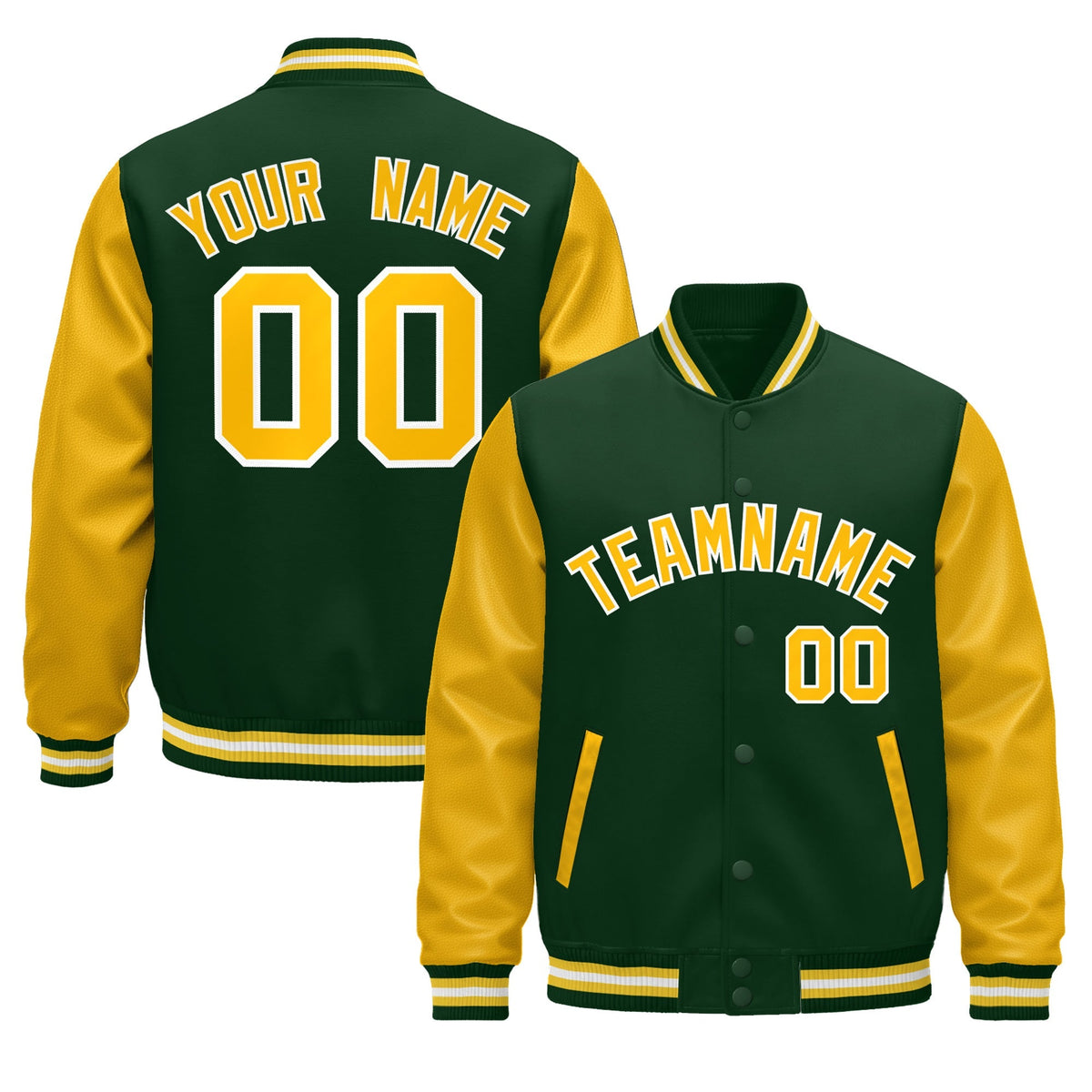 Custom Dark Green Gold White Raglan Sleeves Varsity Full-Snap Leather Sleeves Letterman Jacket| KXKSHOP