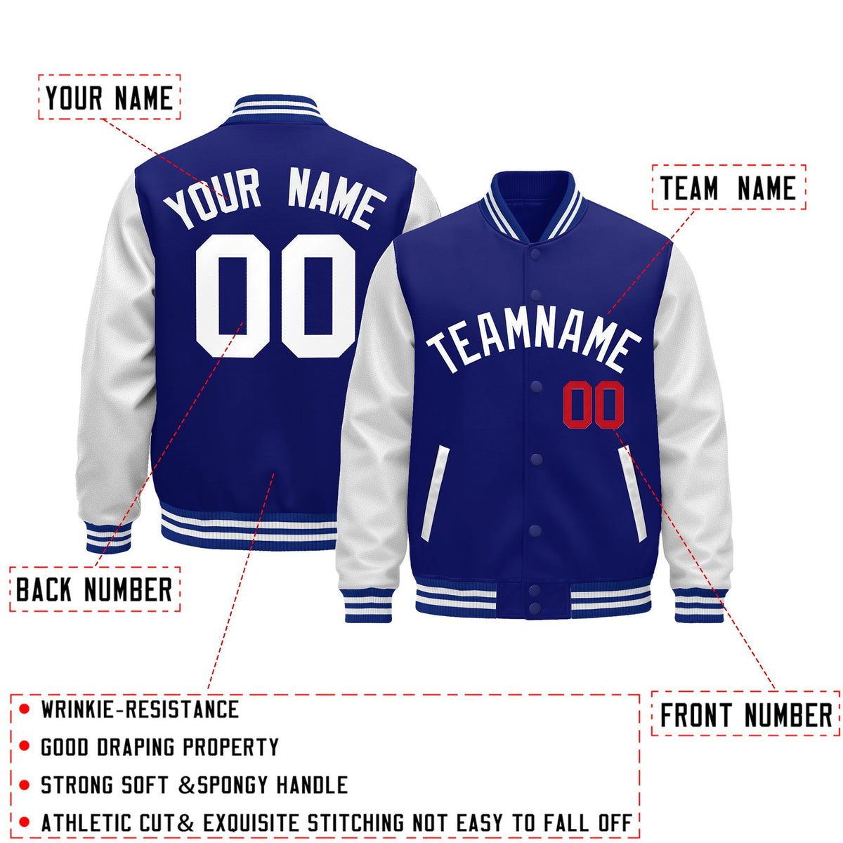 Custom Royal Blue White Raglan Sleeves Varsity Full-Snap Leather Sleeves Letterman Jacket| KXKSHOP