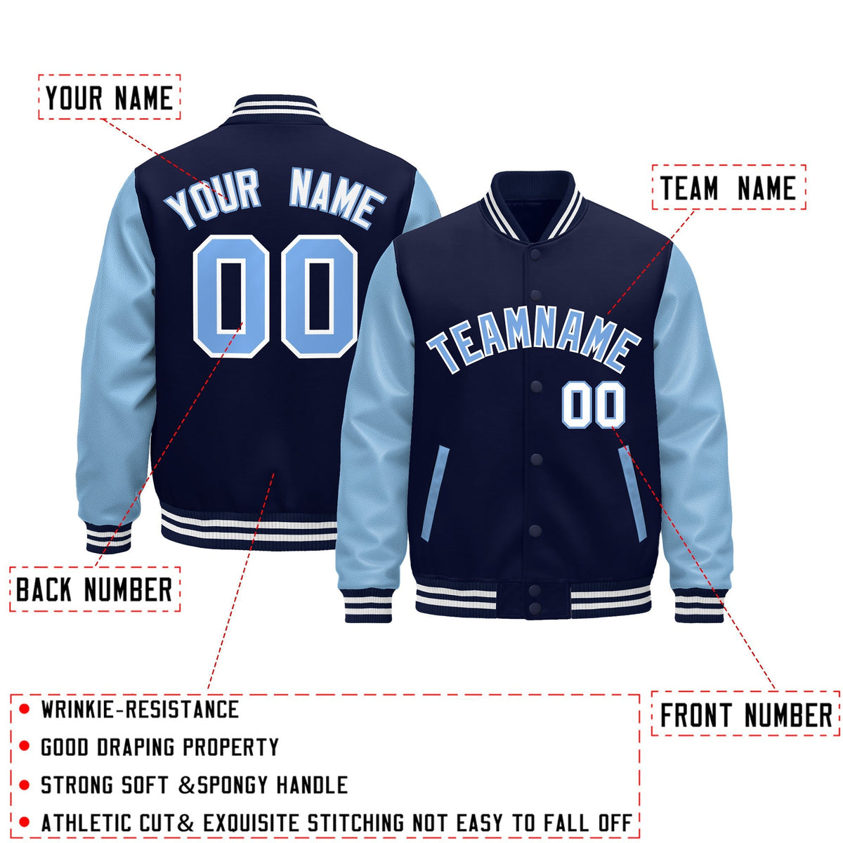 Custom Navy Light Blue White Raglan Sleeves Varsity Full-Snap Leather Sleeves Letterman Jacket| KXKSHOP