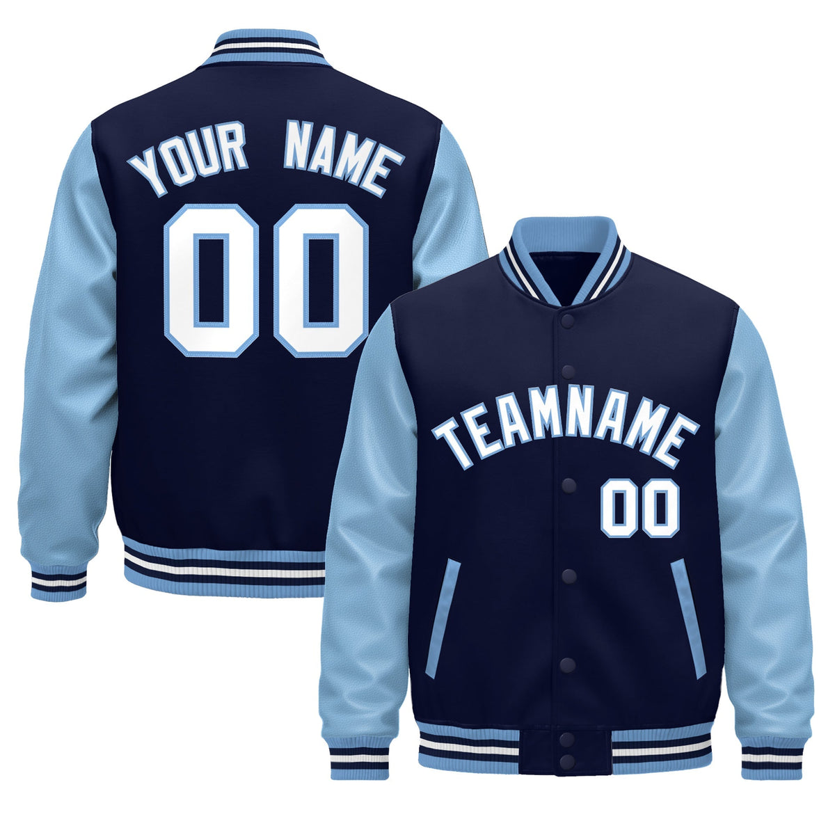Custom Light Blue Navy White Raglan Sleeves Varsity Full-Snap Leather Sleeves Letterman Jacket| KXKSHOP
