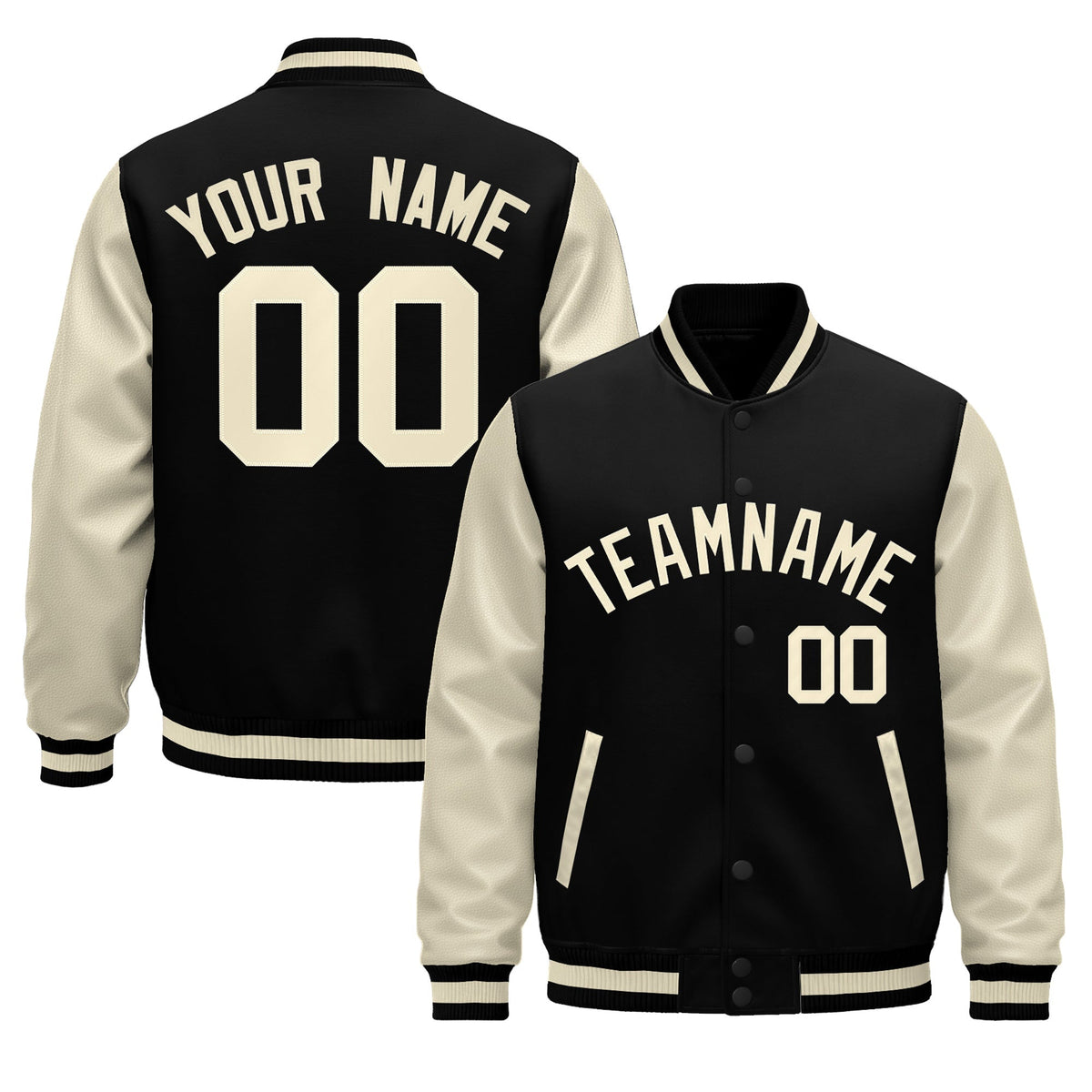 Custom Black Cream Raglan Sleeves Varsity Full-Snap Leather Sleeves Letterman Jacket| KXKSHOP