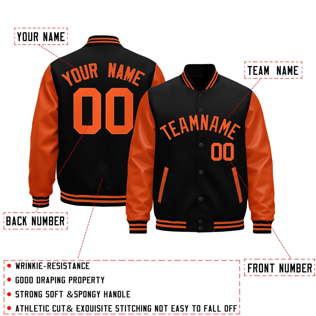 Custom Black Orange Raglan Sleeves Varsity Full-Snap Leather Sleeves Letterman Jacket| KXKSHOP