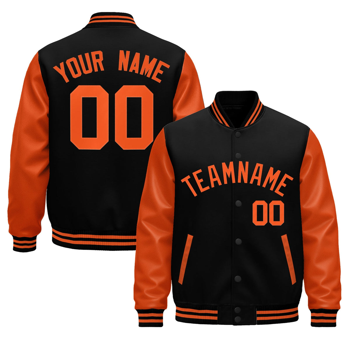 Custom Black Orange Raglan Sleeves Varsity Full-Snap Leather Sleeves Letterman Jacket| KXKSHOP