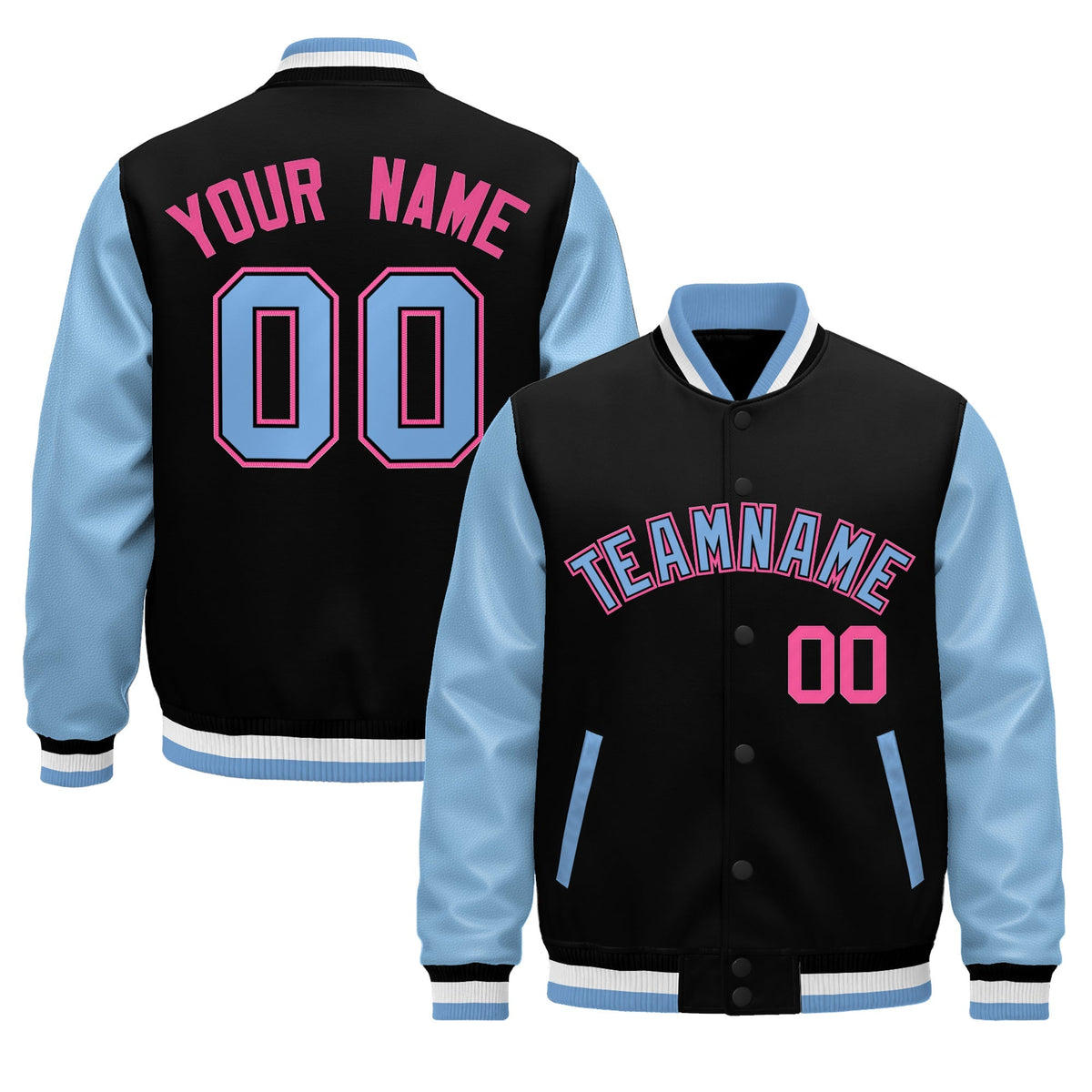 Custom Black Light Blue White Rose Red Raglan Sleeves Varsity Full-Snap Leather Sleeves Letterman Jacket| KXKSHOP