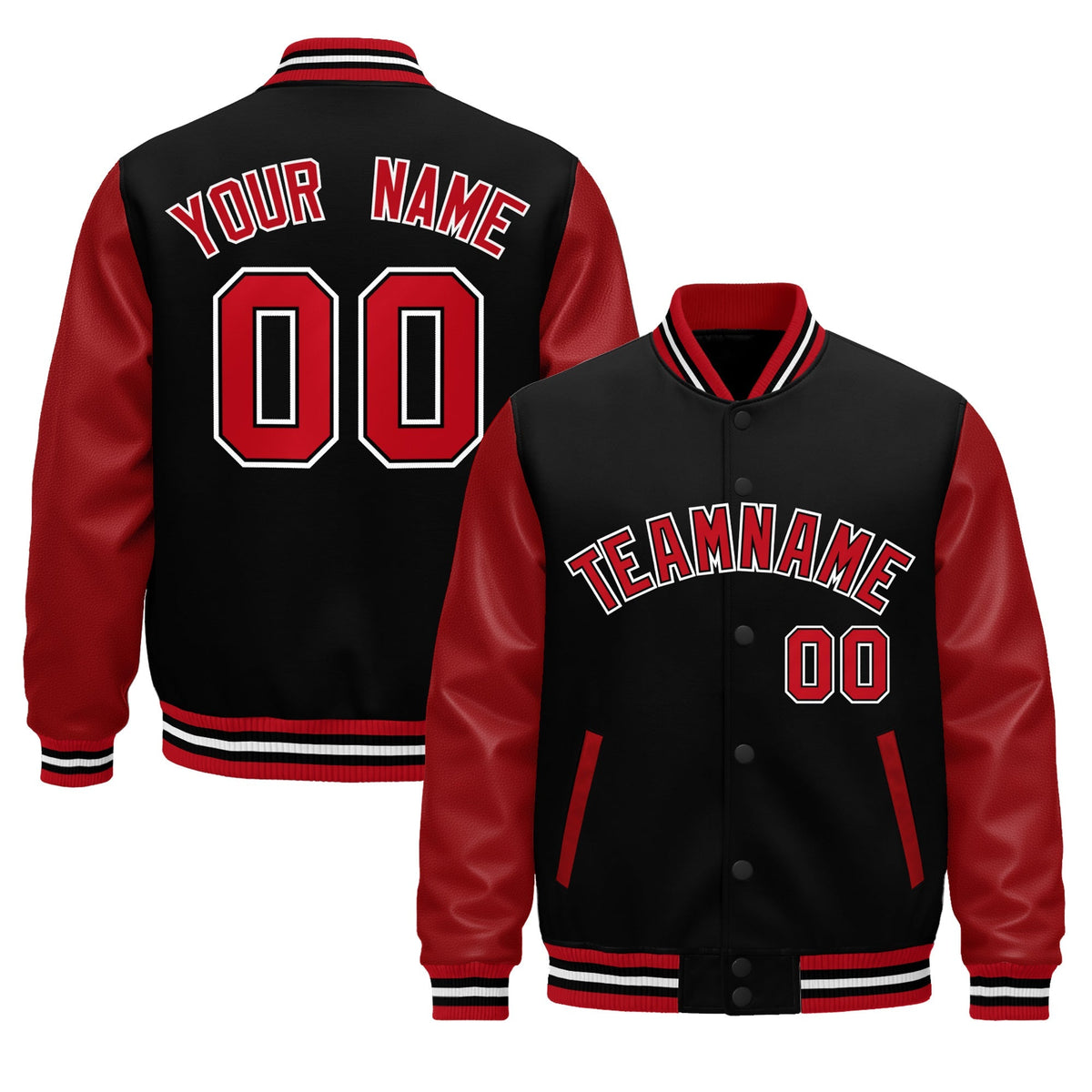 Custom Red Black White Raglan Sleeves Varsity Full-Snap Leather Sleeves Letterman Jacket| KXKSHOP