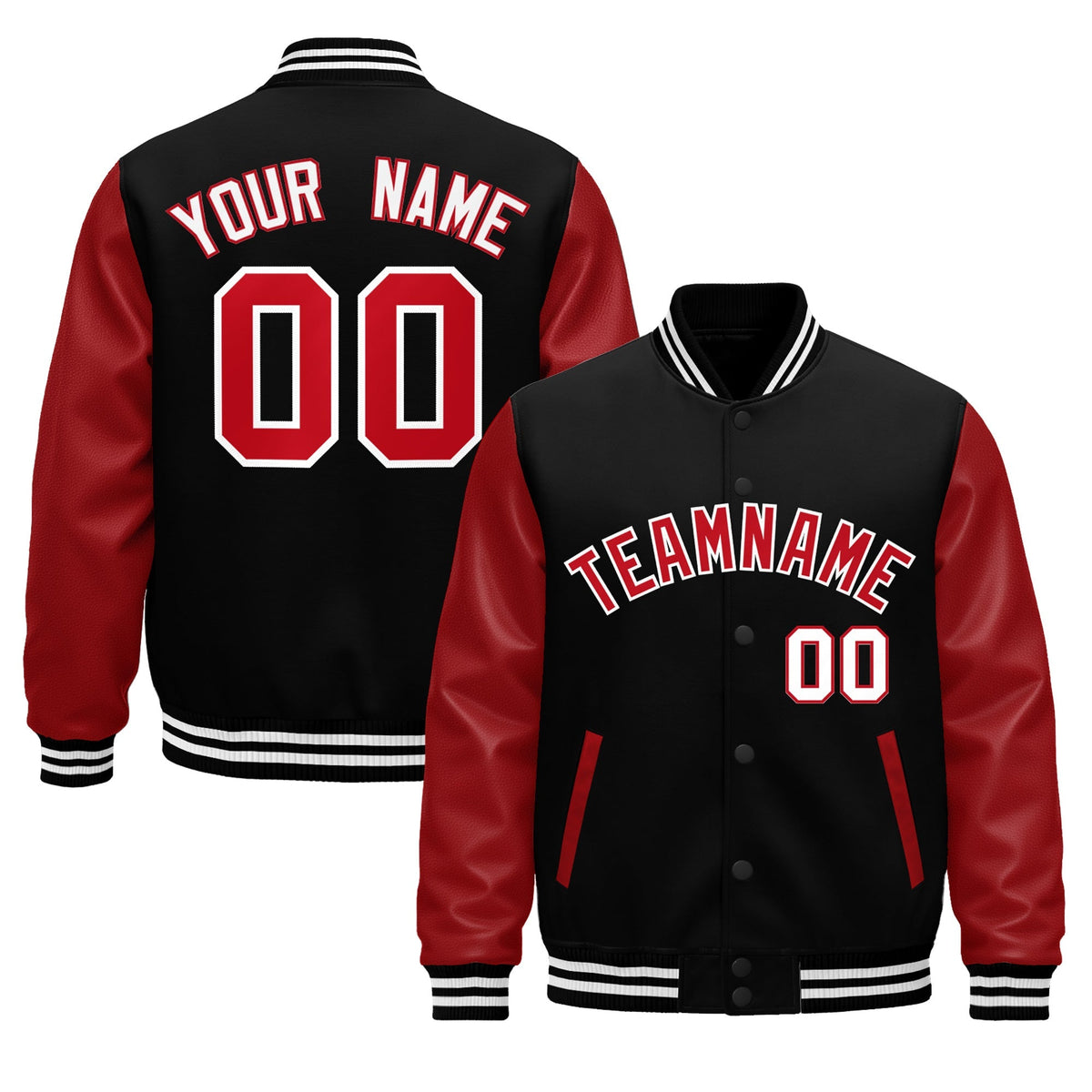 Custom Black White Red Raglan Sleeves Varsity Full-Snap Leather Sleeves Letterman Jacket| KXKSHOP