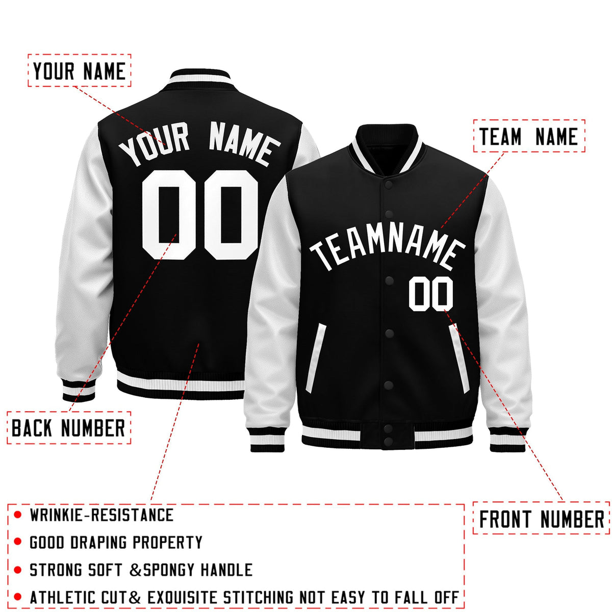 Custom White Black Raglan Sleeves Varsity Full-Snap Leather Sleeves Letterman Jacket| KXKSHOP