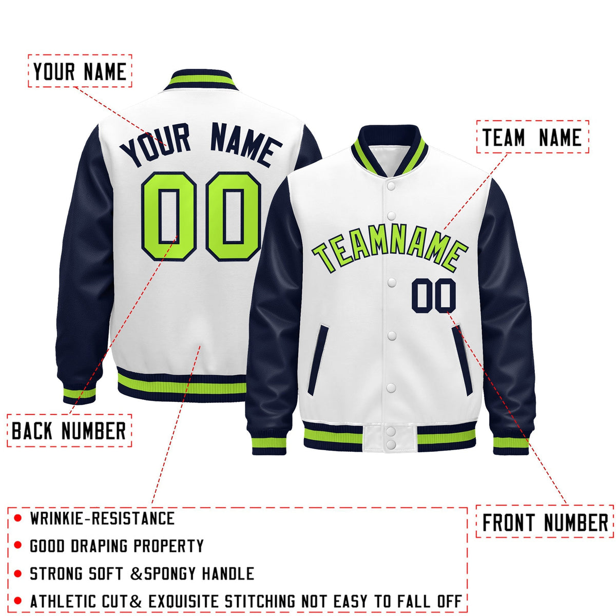 Custom Navy White Neon Green Raglan Sleeves Varsity Full-Snap Leather Sleeves Letterman Jacket| KXKSHOP