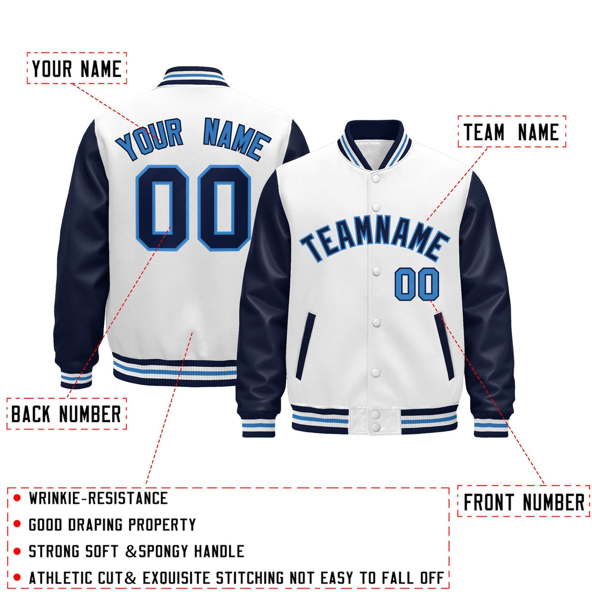 Custom Navy White Powder Blue Raglan Sleeves Varsity Full-Snap Leather Sleeves Letterman Jacket| KXKSHOP