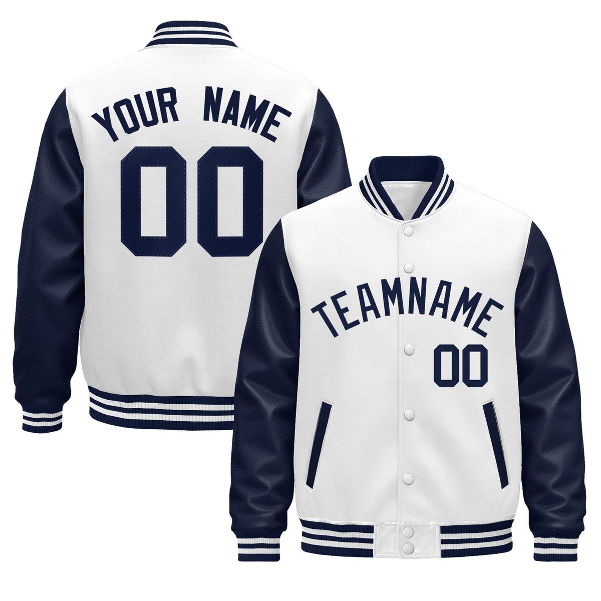 Custom Navy White Raglan Sleeves Varsity Full-Snap Leather Sleeves Letterman Jacket| KXKSHOP
