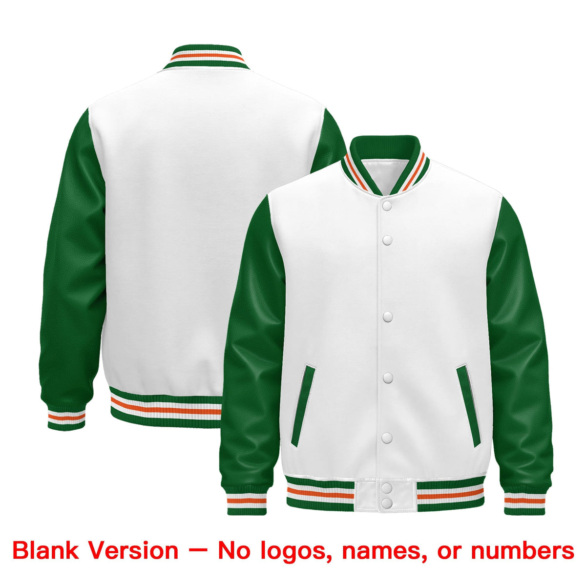 Custom White Kelly Green Orange Raglan Sleeves Varsity Full-Snap Leather Sleeves Letterman Jacket| KXKSHOP