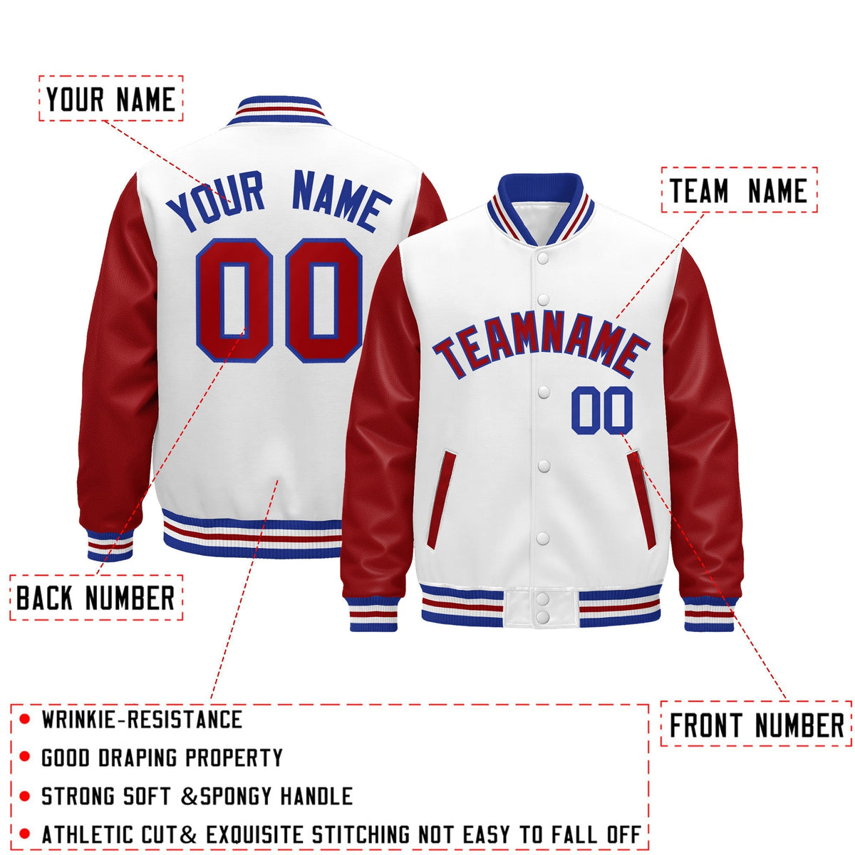 Custom White Red Royal Blue Raglan Sleeves Varsity Full-Snap Leather Sleeves Letterman Jacket| KXKSHOP