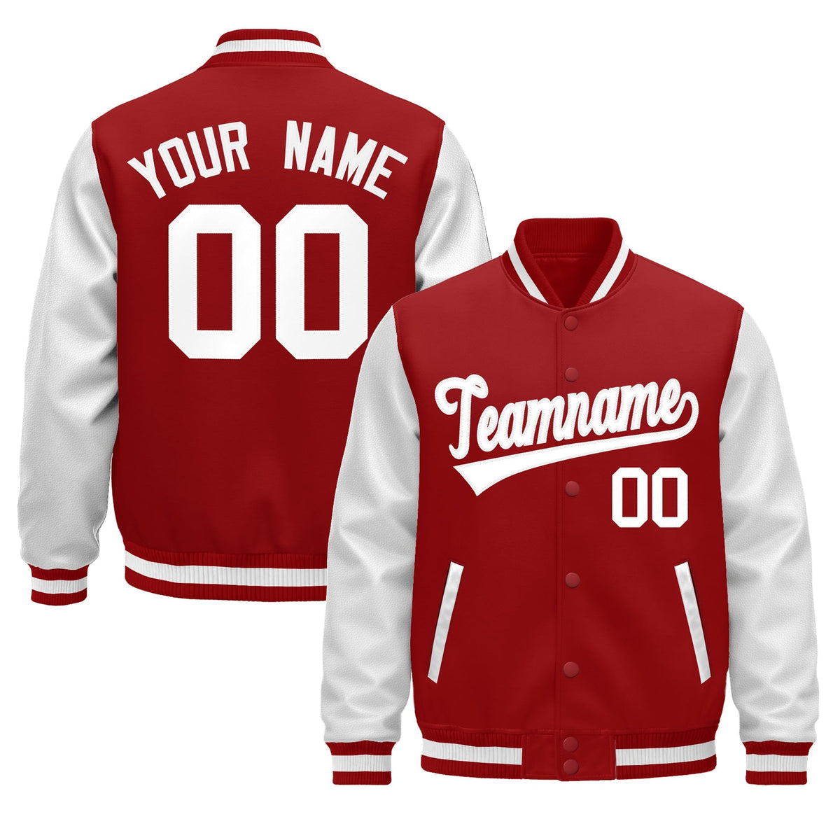 Custom Red White Raglan Sleeves Varsity Full-Snap Leather Sleeves Letterman Jacket| KXKSHOP