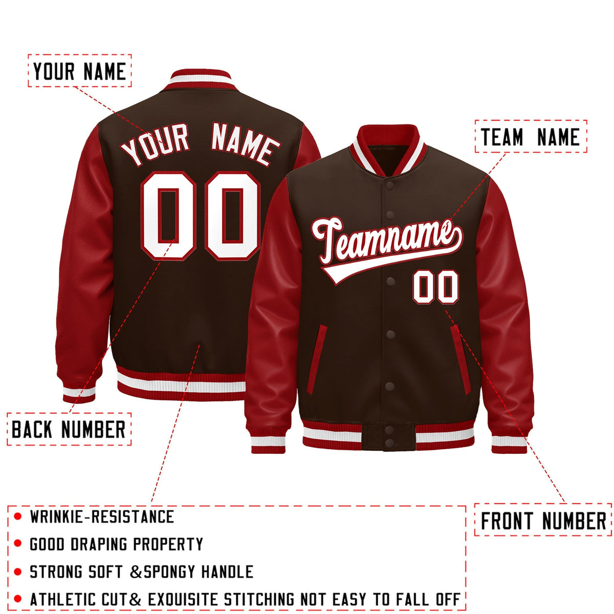 Custom Red Brown White Raglan Sleeves Varsity Full-Snap Leather Sleeves Letterman Jacket| KXKSHOP