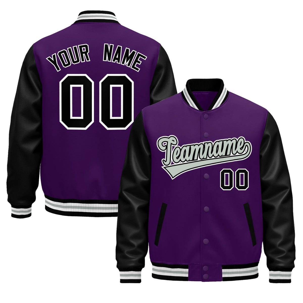 Custom Black Purple White Gray Raglan Sleeves Varsity Full-Snap Leather Sleeves Letterman Jacket| KXKSHOP