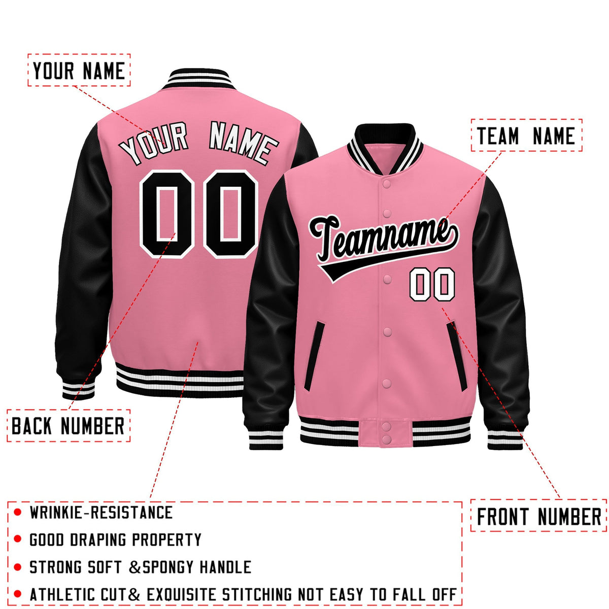 Custom Light Pink Black White Raglan Sleeves Varsity Full-Snap Leather Sleeves Letterman Jacket| KXKSHOP