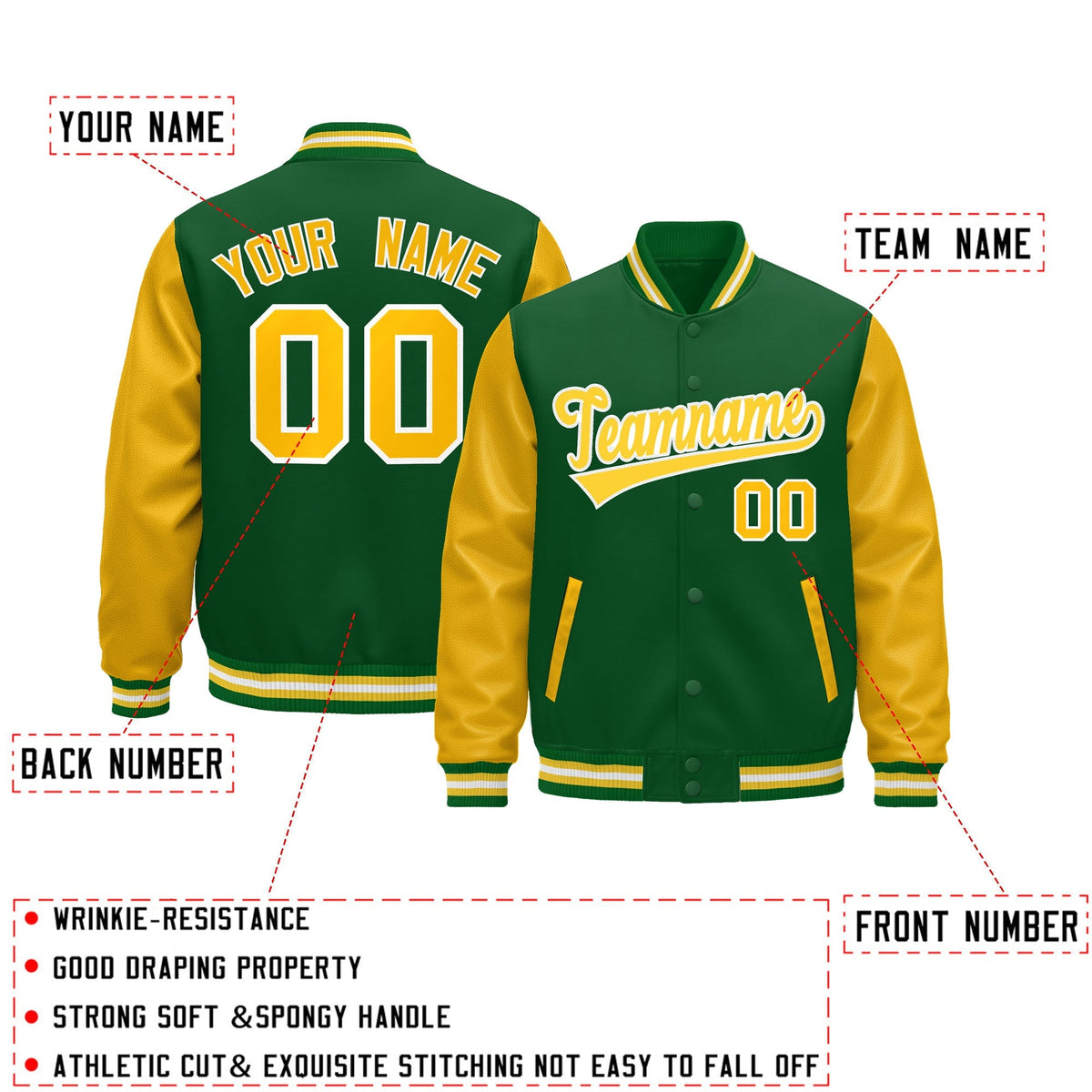 Custom Kelly Green Gold White Raglan Sleeves Varsity Full-Snap Leather Sleeves Letterman Jacket| KXKSHOP