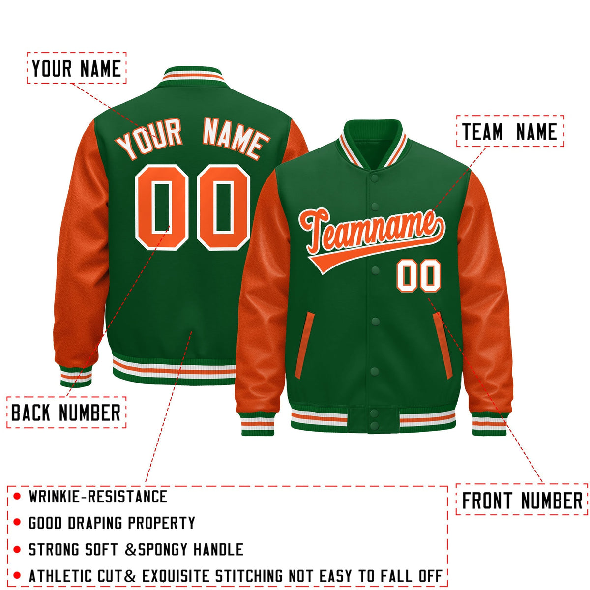 Custom Kelly Green White Orange Raglan Sleeves Varsity Full-Snap Leather Sleeves Letterman Jacket| KXKSHOP