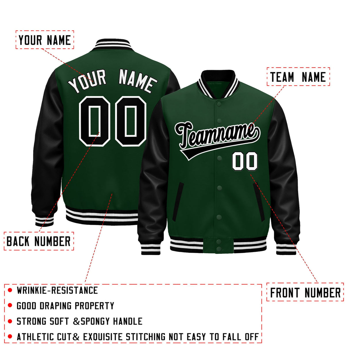 Custom Black Dark Green White Raglan Sleeves Varsity Full-Snap Leather Sleeves Letterman Jacket| KXKSHOP