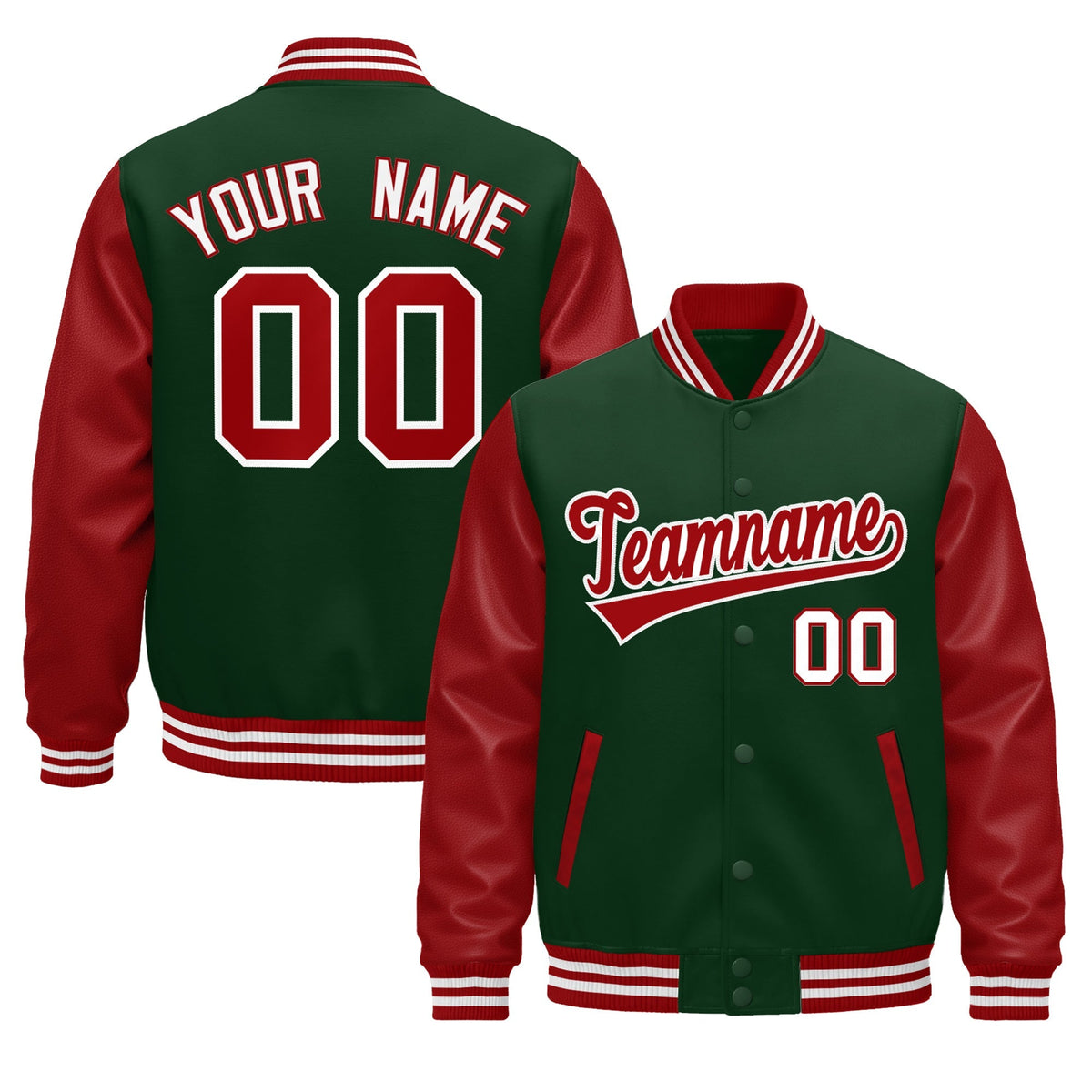 Custom Dark Green Red White Raglan Sleeves Varsity Full-Snap Leather Sleeves Letterman Jacket| KXKSHOP