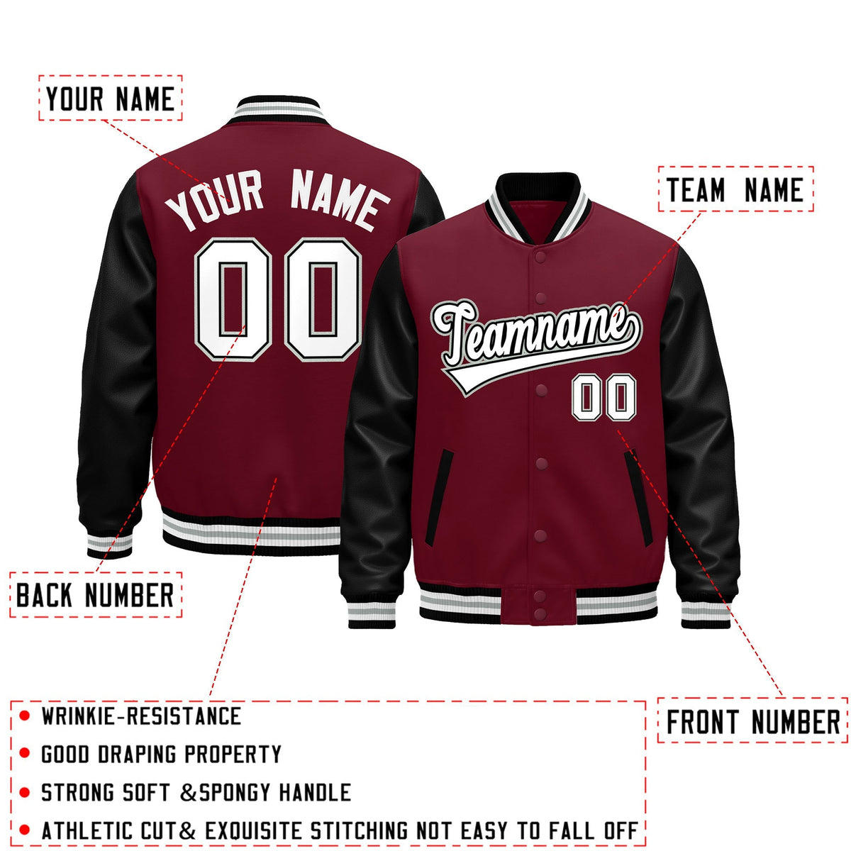 Custom Crimson Black White Gray Raglan Sleeves Varsity Full-Snap Leather Sleeves Letterman Jacket| KXKSHOP