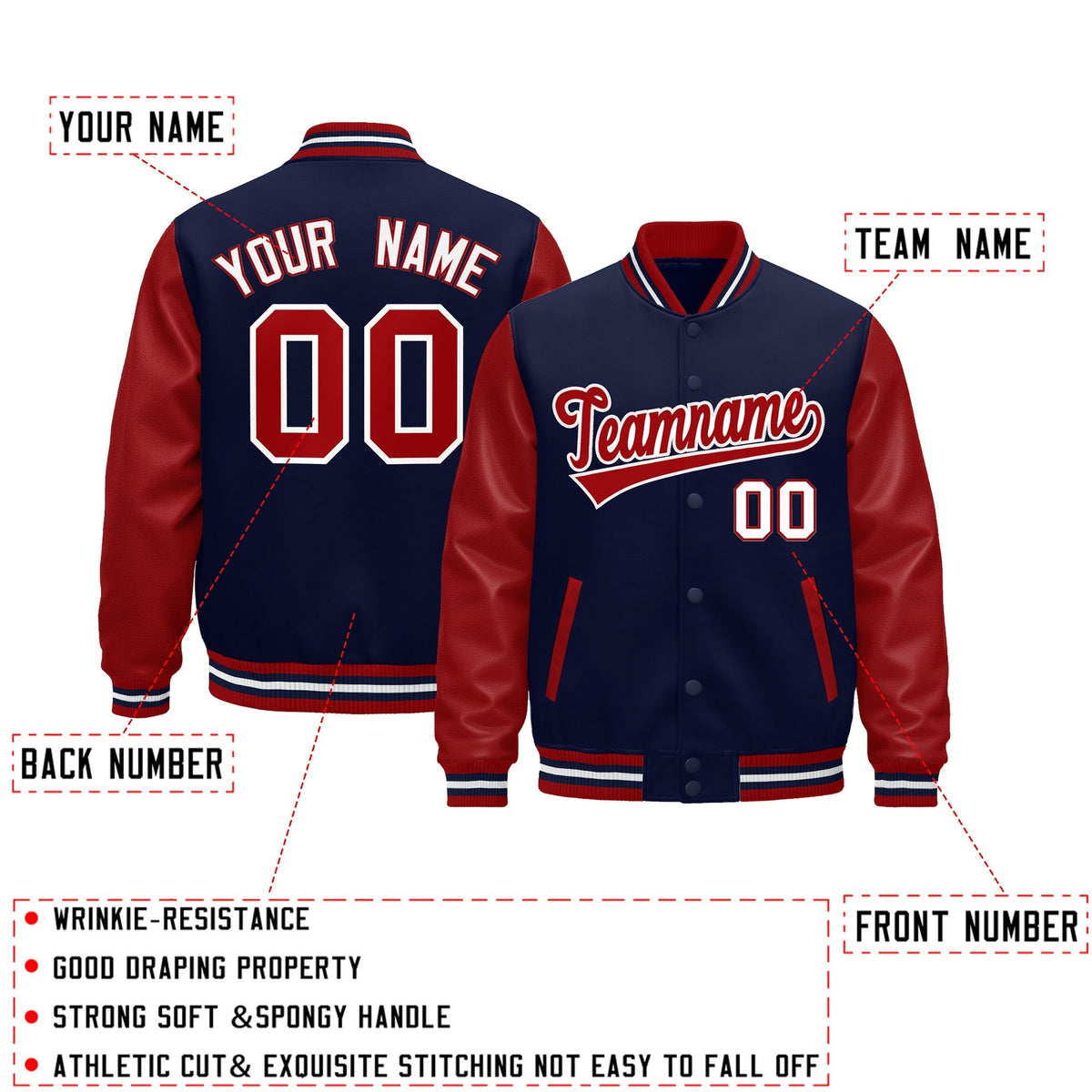 Custom Red Navy White Raglan Sleeves Varsity Full-Snap Leather Sleeves Letterman Jacket| KXKSHOP