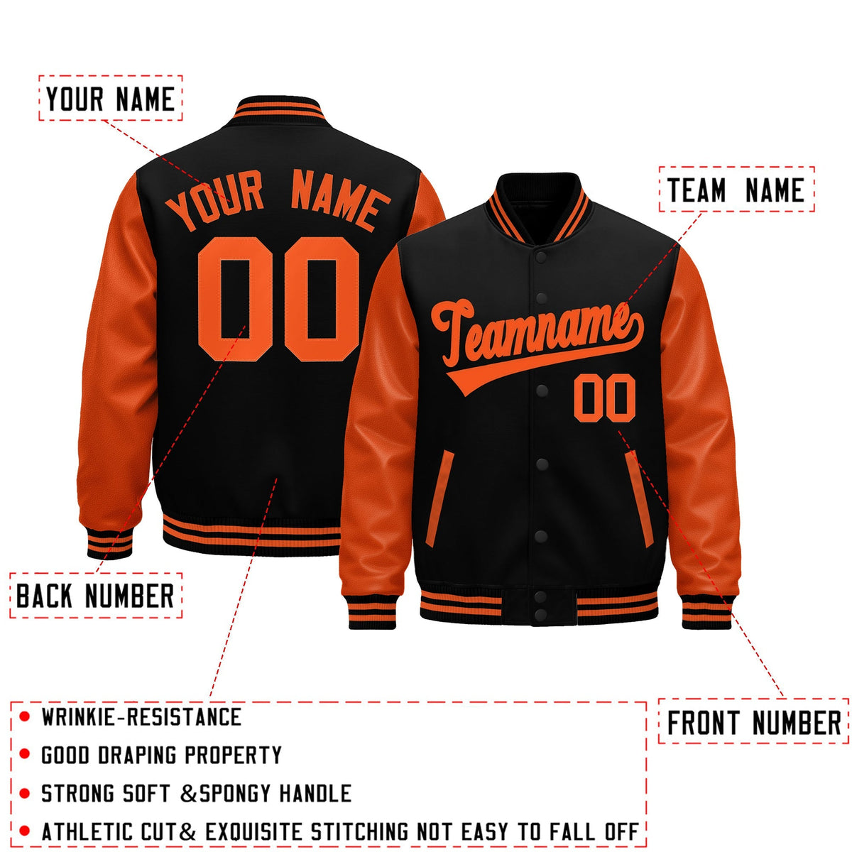 Custom Black Orange Raglan Sleeves Varsity Full-Snap Leather Sleeves Letterman Jacket| KXKSHOP