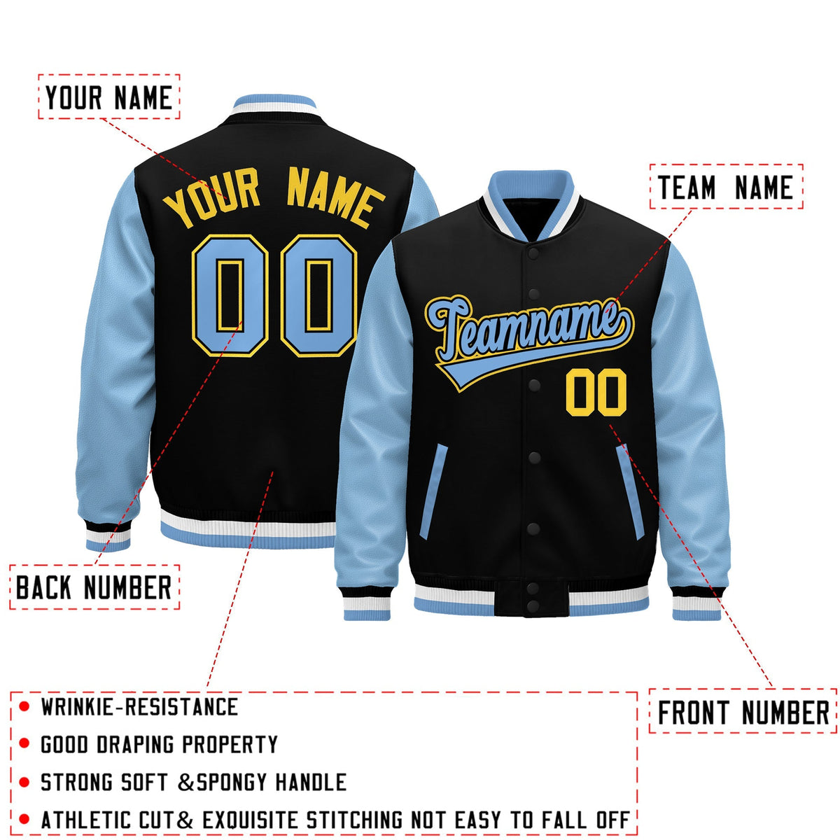 Custom Black Light Blue White Raglan Sleeves Varsity Full-Snap Leather Sleeves Letterman Jacket| KXKSHOP