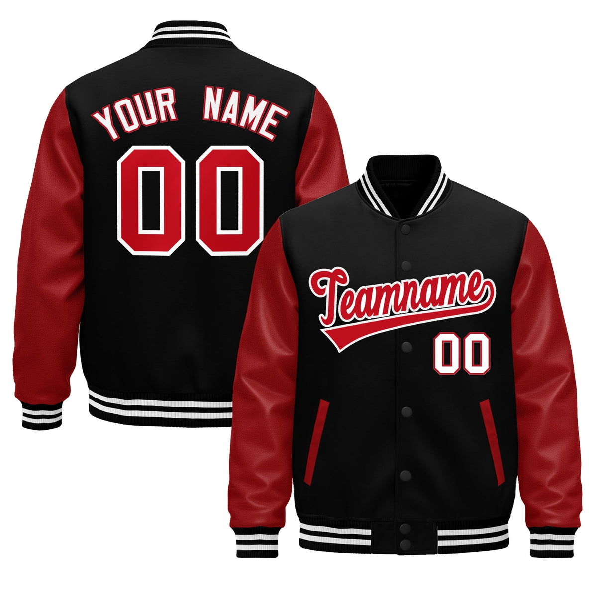 Custom Black White Red Raglan Sleeves Varsity Full-Snap Leather Sleeves Letterman Jacket| KXKSHOP