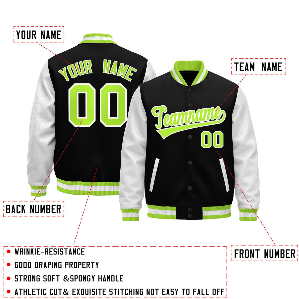 Custom Black Neon Green White Raglan Sleeves Varsity Full-Snap Leather Sleeves Letterman Jacket| KXKSHOP
