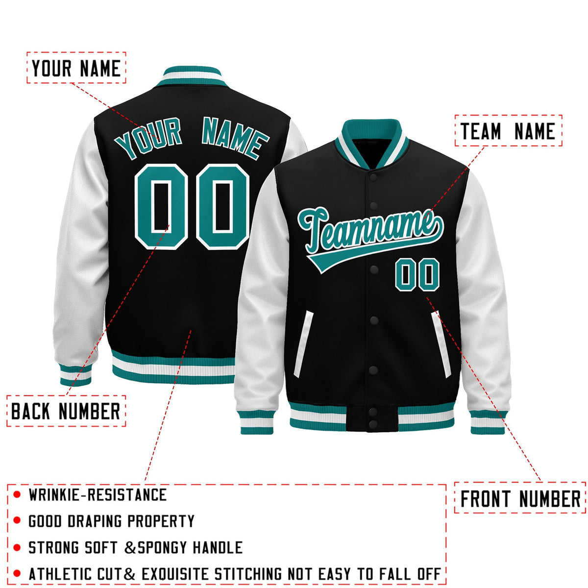 Custom Black Teal White Raglan Sleeves Varsity Full-Snap Leather Sleeves Letterman Jacket| KXKSHOP