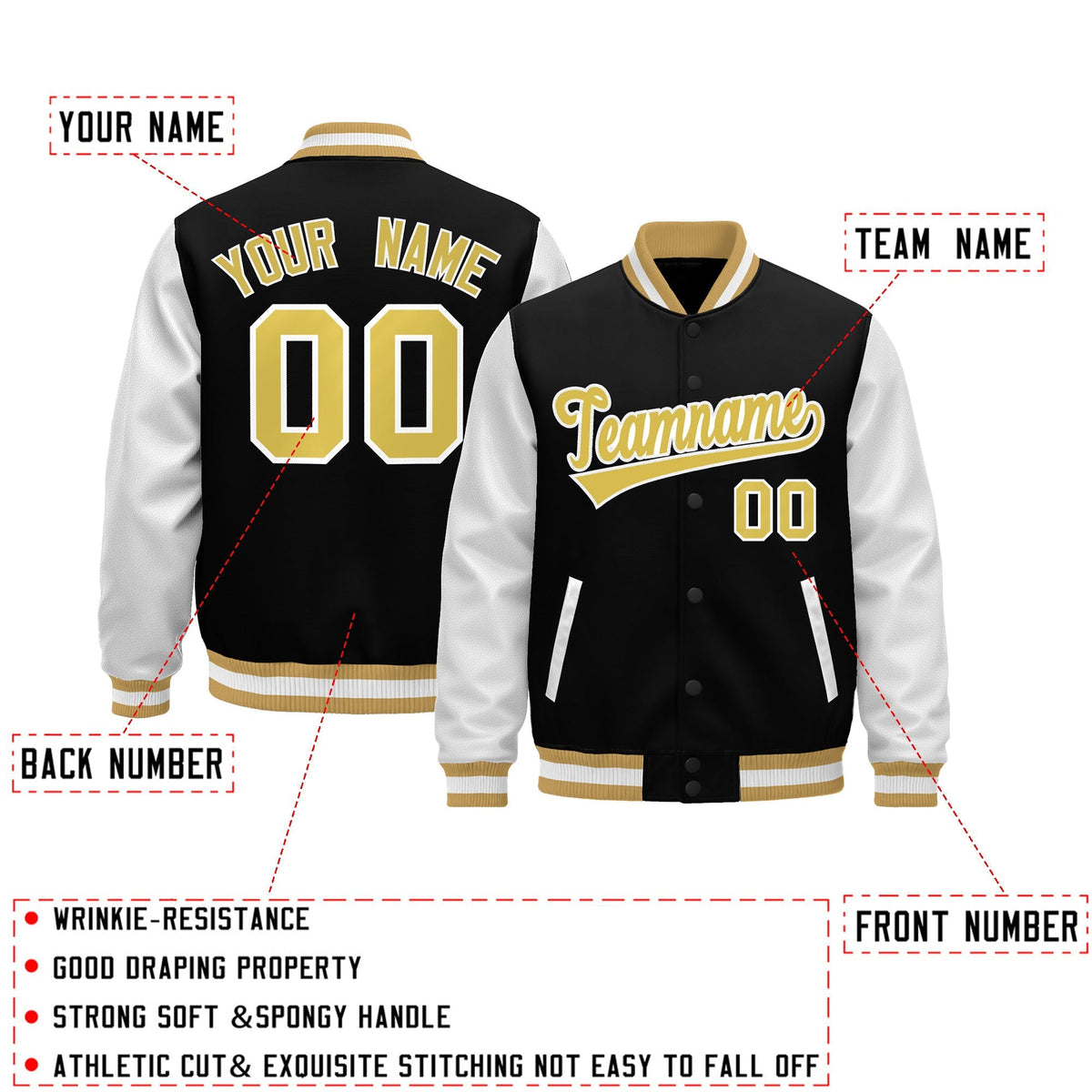 Custom Black Old Gold White Raglan Sleeves Varsity Full-Snap Leather Sleeves Letterman Jacket| KXKSHOP