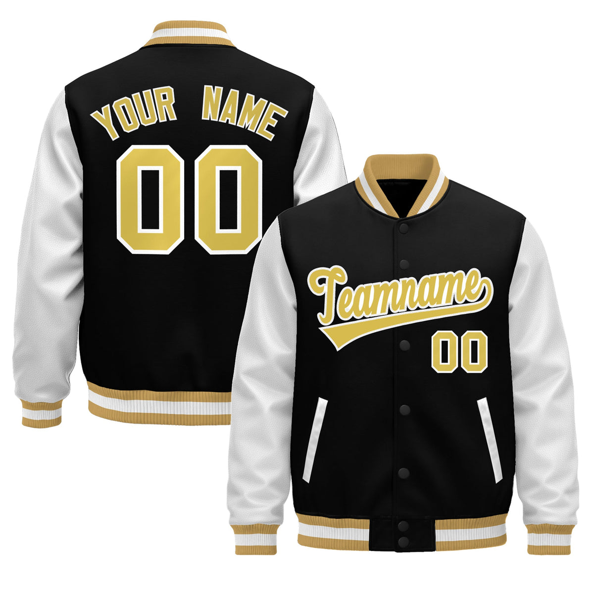 Custom Black Old Gold White Raglan Sleeves Varsity Full-Snap Leather Sleeves Letterman Jacket| KXKSHOP