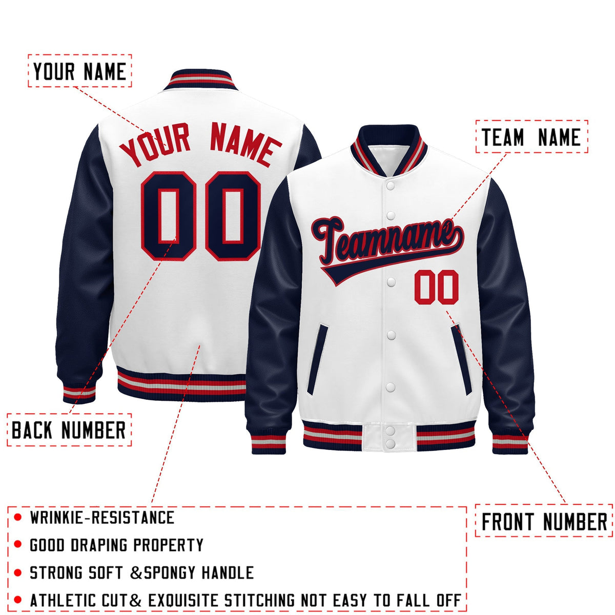 Custom Navy White Red Gray Raglan Sleeves Varsity Full-Snap Leather Sleeves Letterman Jacket| KXKSHOP