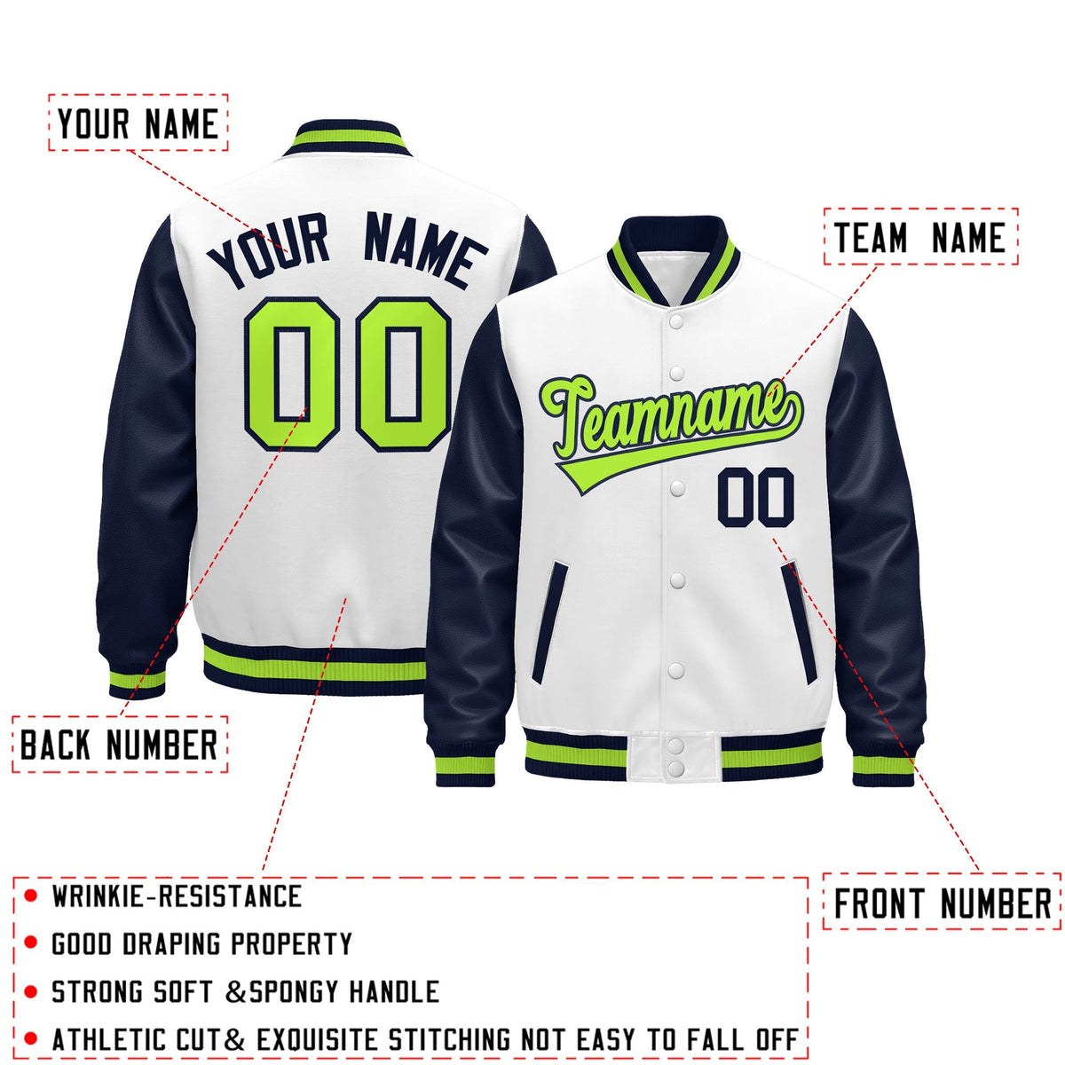 Custom Navy White Neon Green Raglan Sleeves Varsity Full-Snap Leather Sleeves Letterman Jacket| KXKSHOP
