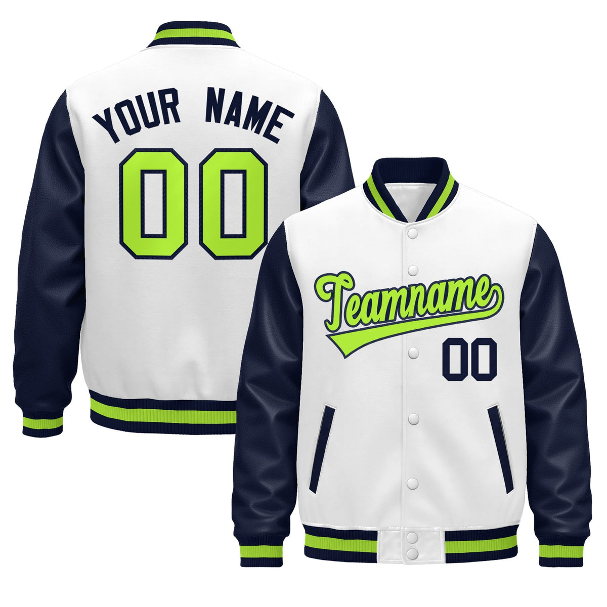 Custom Navy White Neon Green Raglan Sleeves Varsity Full-Snap Leather Sleeves Letterman Jacket| KXKSHOP