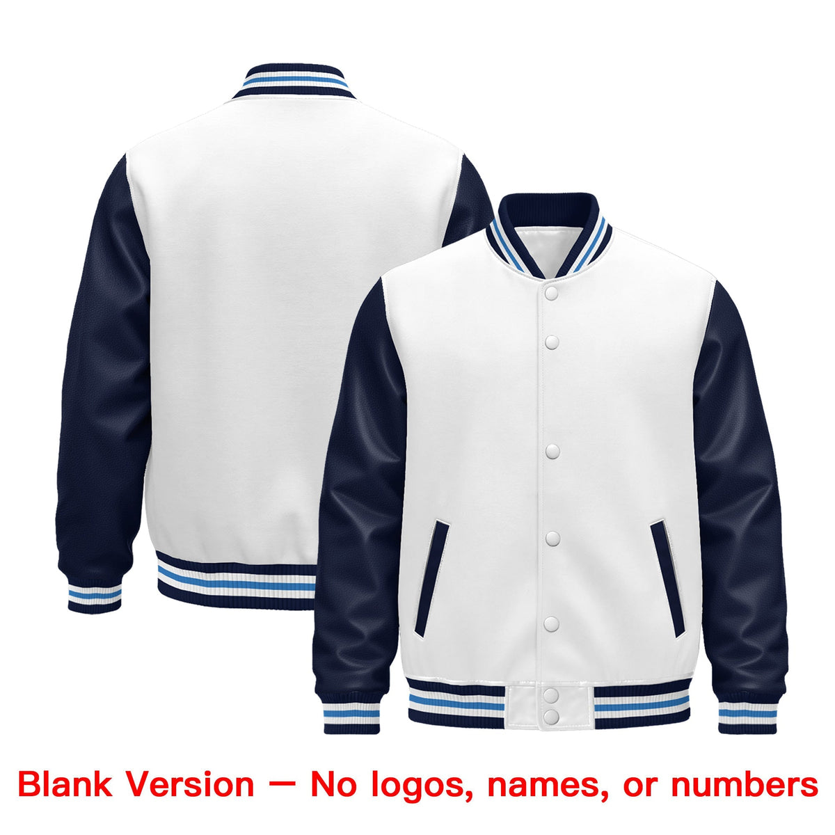 Custom Navy White Powder Blue Raglan Sleeves Varsity Full-Snap Leather Sleeves Letterman Jacket| KXKSHOP