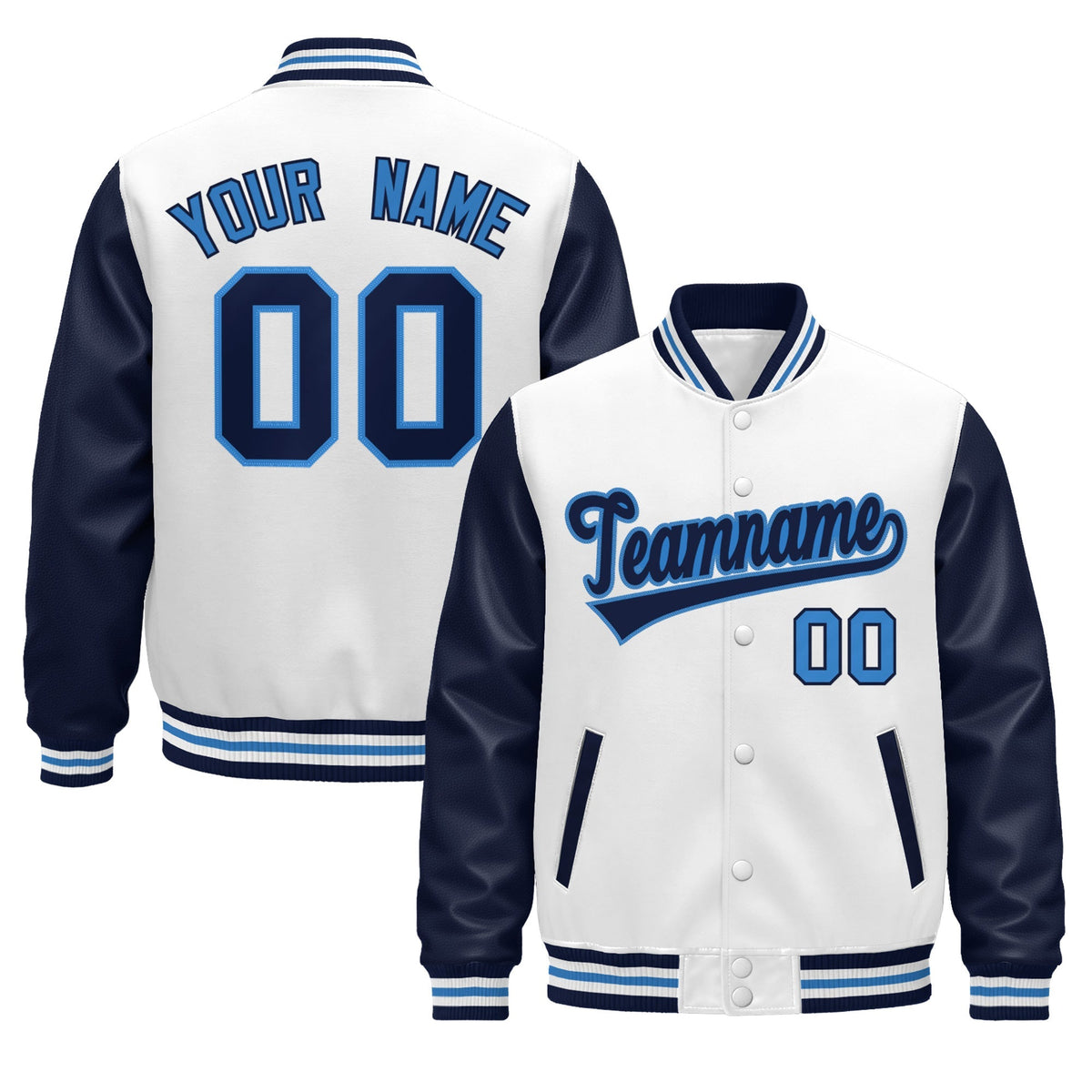 Custom Navy White Powder Blue Raglan Sleeves Varsity Full-Snap Leather Sleeves Letterman Jacket| KXKSHOP