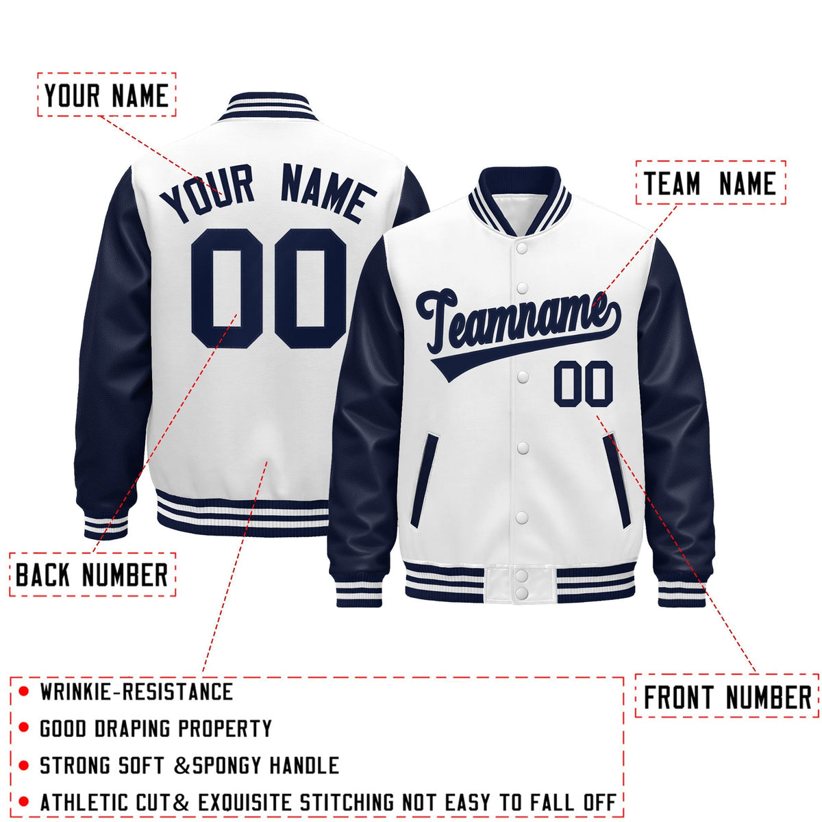 Custom Navy White Raglan Sleeves Varsity Full-Snap Leather Sleeves Letterman Jacket| KXKSHOP