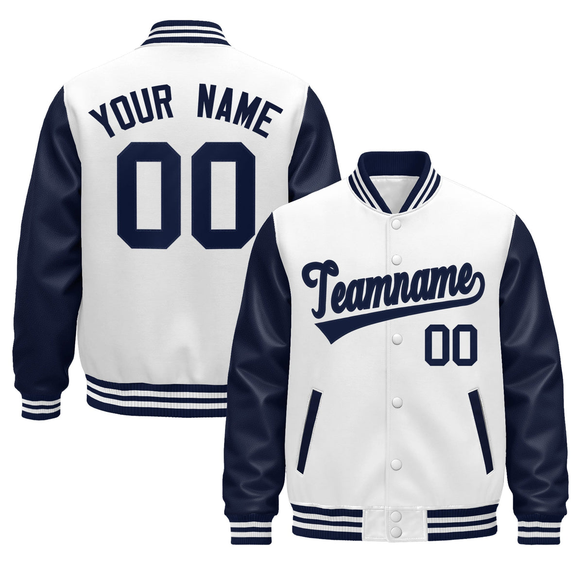 Custom Navy White Raglan Sleeves Varsity Full-Snap Leather Sleeves Letterman Jacket| KXKSHOP